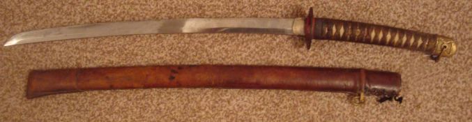 Samurai Sword: Signed Blade, Circular Tsuba, Cord Wrap, with Leather Scabbard (Saya) 56cm Blade