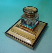 1930s Enamel and Glass Ink Well & Pen Stand: Square shaped Glass Ink Well having illustrated top and