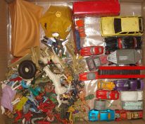 Selection of Playworn Cars and Plastic Soldiers: To include Timpo soldier on a horse stretcher,