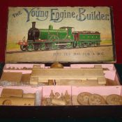 Scarce The Young Engine Builder Construction Set: 1930s Wooden Locomotive building set for Boys held