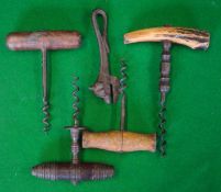 4 Early 20th Century Corkscrews: To include; a Stag horn handled example, a turned wooden handled