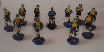 Newfooty Celluloid Team: Yellow Shirts with Blue Sleeves and Black Shorts with Blue Goalkeeper and