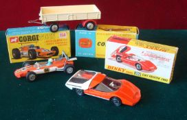 Corgi and Dinky Toys Diecasts: To consists of Corgi 158 Lotus Climax, 100 Dropside Trailer