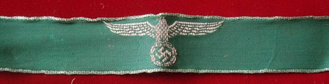 WW2 German Customs (Zollbeamte) Cuff Title: Bevo Weave Silver and Green having German Eagle with