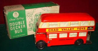 Chad Valley tinplate clockwork London Transport AEC Double Decker Bus: Red, with tin printed detail,