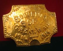 WW1 Trench Art: Brass Plaque having scalloped corners with Souvenir of the Great War 1914 – 1919