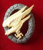 German Luftwaffe Paratroops Badge: Good quality Zinc Blued Wreath with Gold washed eagle 54mm High