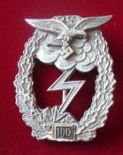 German Luftwaffe Ground Combat Badge: Silver with Flat Pin 56mm having Number100 mounted to bottom