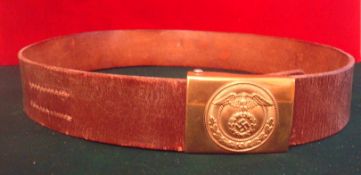 WW2 German SA Belt and Buckle: Brown leather belt having Brass Buckle with German Eagle on Laurel