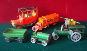 Small Selection of Tin Plate Vehicles: To consist of Triang Minic Tractor and Trailer, Steam
