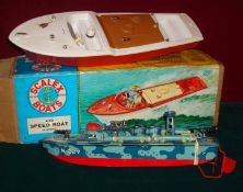 Scalex Speed Boat and Marx Tin Plate Gun Boat: Plastic battery operated Boat in working order and