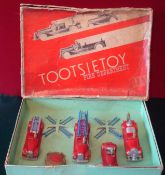 Tootsietoy Fire Department Set: c1939 including Ladder Truck, red, another red/silver and Pumper,