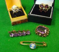 9ct gold Garnet and seed Opal ring: Together with Wedgwood Jasper brooch, 2 amethyst and marcasite