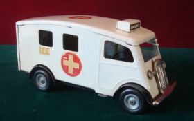 Triang Minic tinplate clockwork Ambulance: Scarce early example is white, with cast metal hubs,