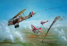 Jobson, Ron: Watercolour of a RAF Biplane in air-to-air combat with three German Biplanes: Signed.