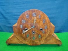 1930s Art Deco Mantel Clock: Open faced Walnut Veneer on Ball Feet, West Minster Chime Clock