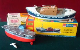 Plastic Battery Operated and Clockwork Boats by Telsalda: Clockwork Aircraft Carrier having 5