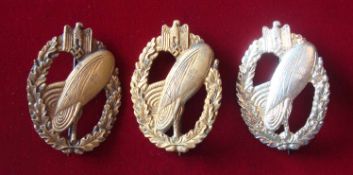 German Balloon Badges: Three different examples Bronze, Silver and Gold all with thin pins and no