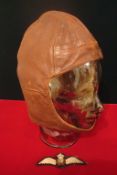 WW1 Flying Helmet and Royal Air Force Pilot Wings: Brown Leather Helmet with carf lining still