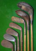 Half set of 4 irons, 2 woods and double sided brass putter (7) – jigger, mashie, m/niblick and