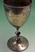 1892 Large silver plated golfing trophy – oversized chalice engraved with floral and leaf shields,