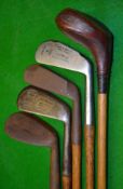 Half set of 5 clubs to inc J S Fernie Barnet dark stained spoon - 2x mussel back no. 3 iron