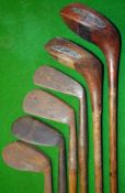 Half set of 4 irons and 2 large woods (6) to incl Jas Gourlay iron, Gibson deep face mashie, Vickers