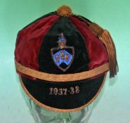 1937-38 College Rugby cap – six panel read dark green velvet cap with gold braid embroidered