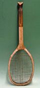 Late Fishtail wooden tennis racket c.1920 with concave wedge stamped with “Star” to the one side and