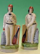 Pair of modern Staffordshire Flat back cricketers - to incl a batsman wearing a red/brown hat beside