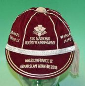 2008 Wales Replica Grand Slam Rugby cap – Six Nations commemorative red velvet cap with silver braid