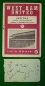 1958 Arsenal v West Ham Football Programme: Played 8th November 1958 together with album page signed