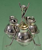 Fine silver plated golfing cruet set and stand – comprising 3x crossed golf clubs stand and square