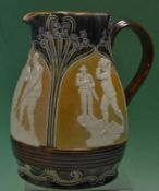 Fine Doulton Lambeth large stoneware pitcher c. 1900 – decorated in relief with 3x golfing scenes to