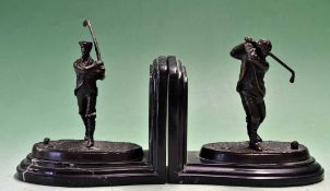 Pair of modern Bronze and marble golfing bookends – depicting Vic gentleman golfers on oval