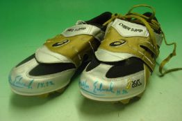 Jonathan Edwards Signed Training Shoes: Pair of Asics Cyber Jump Gold and Silver Signed to both on