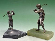 2x period silver plated/metal golfing figures – to incl 1930 golfer mounted on onyx base (6 x4x2.5”)