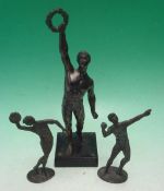 Spelter Olympian Figure and others: to incl a male athlete holding a wreath mounted on a wood and
