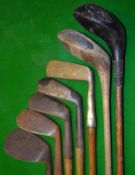 Half set of 4 irons, 2 woods and brass stamped putter (7) – jigger, mussel back mashie with wide