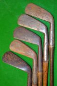 5x various irons to incl 3x early Tom Stewart smf long irons – two with serpent cleek marks, J H