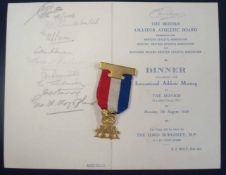 1939 International Athletic Meeting Official Menu Signed and Medal: Held at The Monaco 7th August