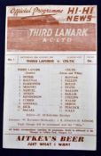 Third Lanark Football Programme: v Celtic 1951/2 Scottish League Cup played 25th August. Very good