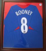 Wayne Rooney Signed Framed Shirt: Blue with Red flash to sleeves framed with Rooney 8 showing signed