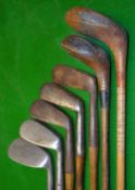 Half set of 4x irons, 2x woods and Harrower bent neck putter (7) – to incl mashie, m/ niblick and