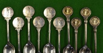 10x various Silver plated golfing teaspoons, decorated with embossed golfing figures to incl a set