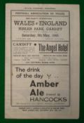 1945 Wales v England Football War Time Programme: Played at Ninian Park 5th May 1945 Signed to