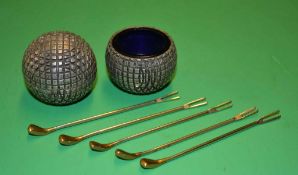 2 x silver plated square mesh golf ball pepper and mustard pots complete with the original blue