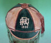 1936 RRU (New Zealand) Rugby cap – 6 panel green and white velvet cap with gold braid trim and