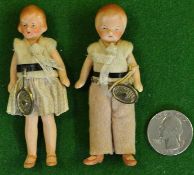 Rare Tennis miniature bisque dolls c. 1900 - to incl a pair of continental bisque figures of young