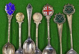 7x various Silver and Enamel golfing teaspoons. All hallmarked, most with decorative finials